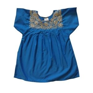 Mexican Peasant Blouse Women S Blue‎ Embroidered  Vintage Style Short Sleeves